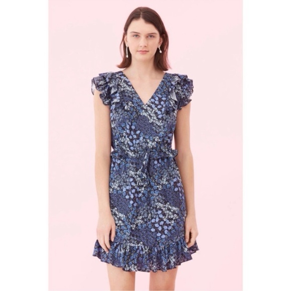 Rebecca Taylor Ava Floral V-Neck Dress Drawstring Waist 100% Silk Ruffles